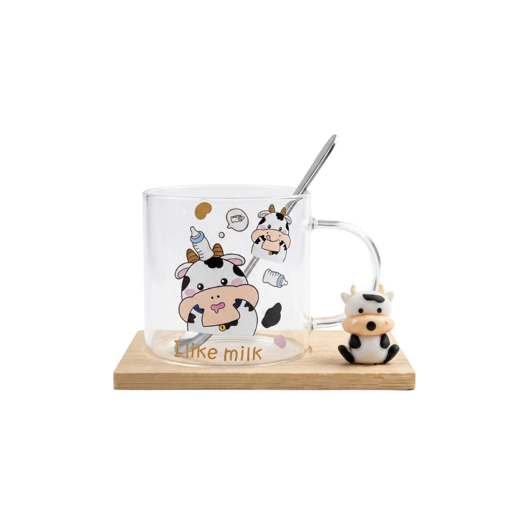 Taza de vidrio vaquita con base de bambú