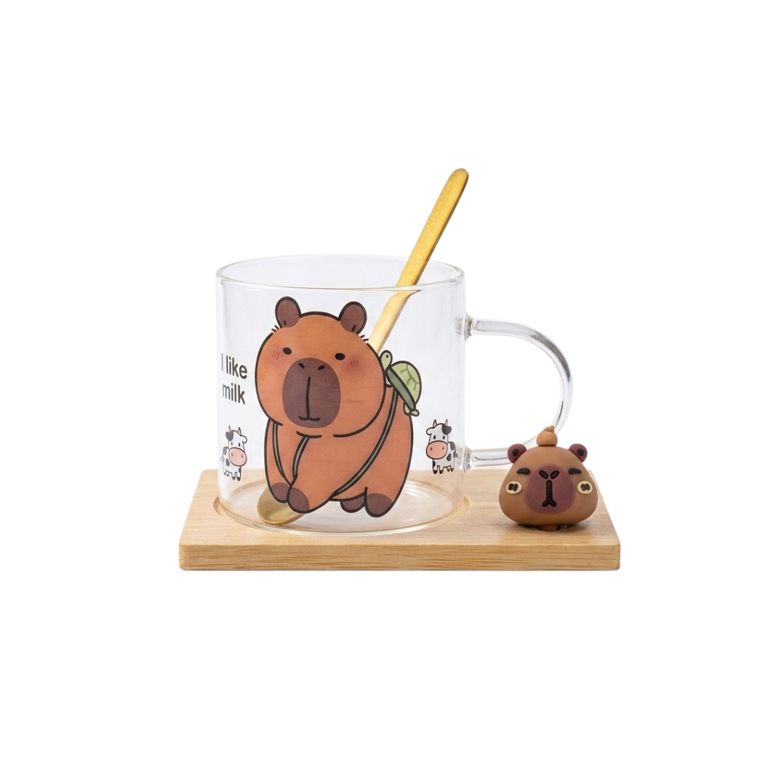 Taza de vidrio capibara con base de bambú